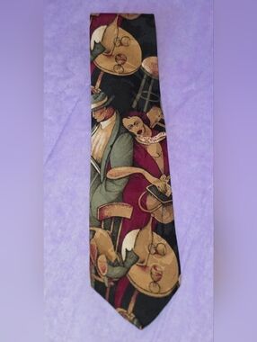AZIA Collection Vintage Art Deco Tie in Black, Brown, Red, Cream and Green